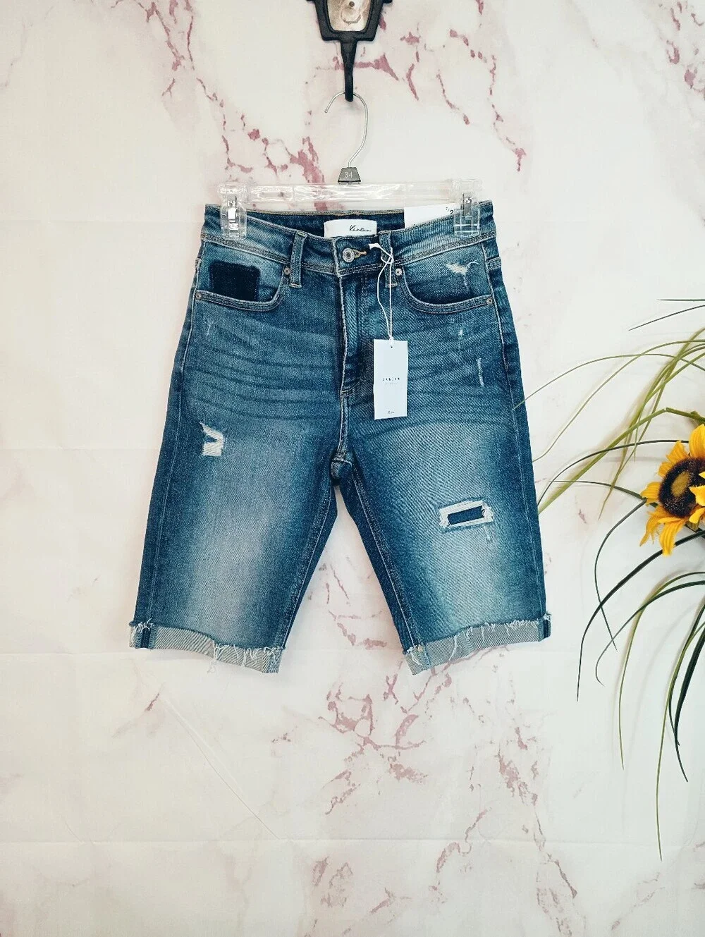 NWT Kancan Bermuda Denim Shorts Size 7/27 Distressed Stretch Cuffed